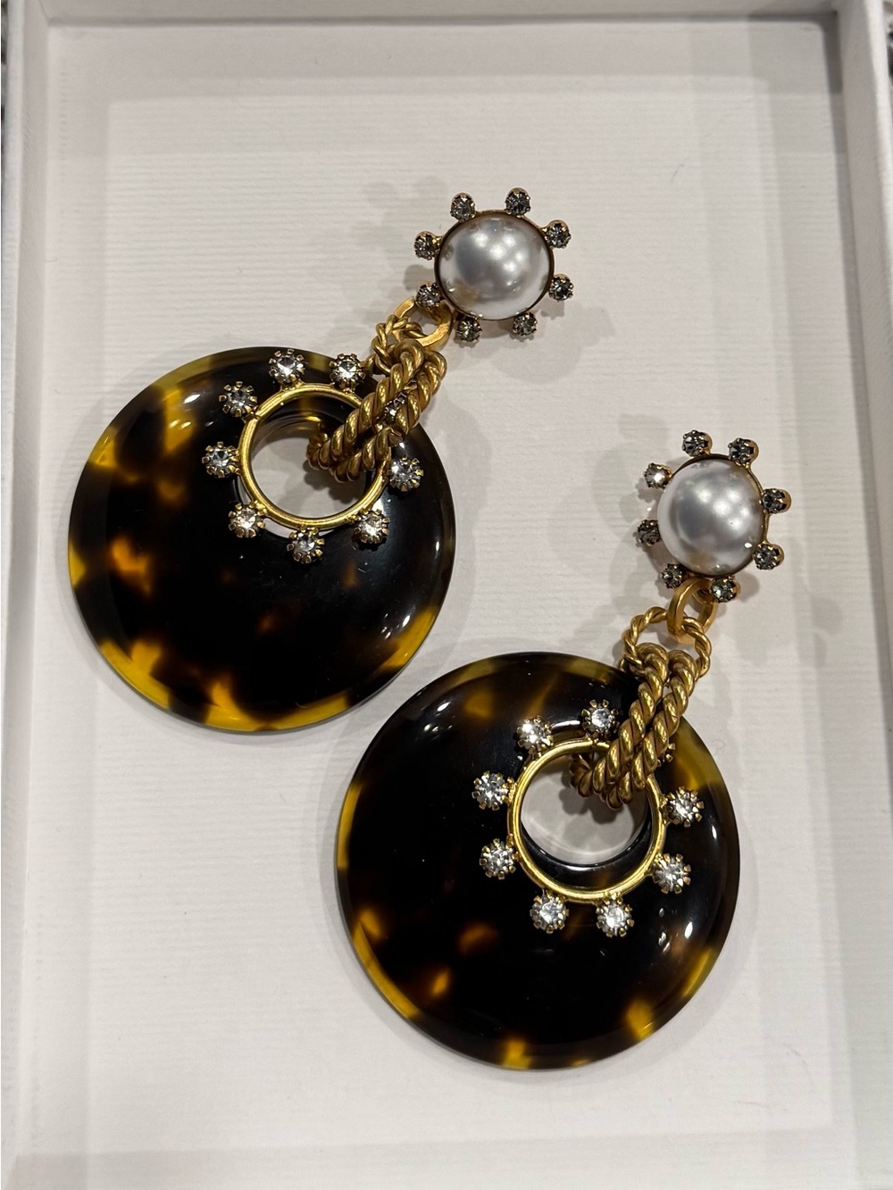 Gold-Tone Tortoiseshell Drop Earrings with Pearl and Crystal Accents